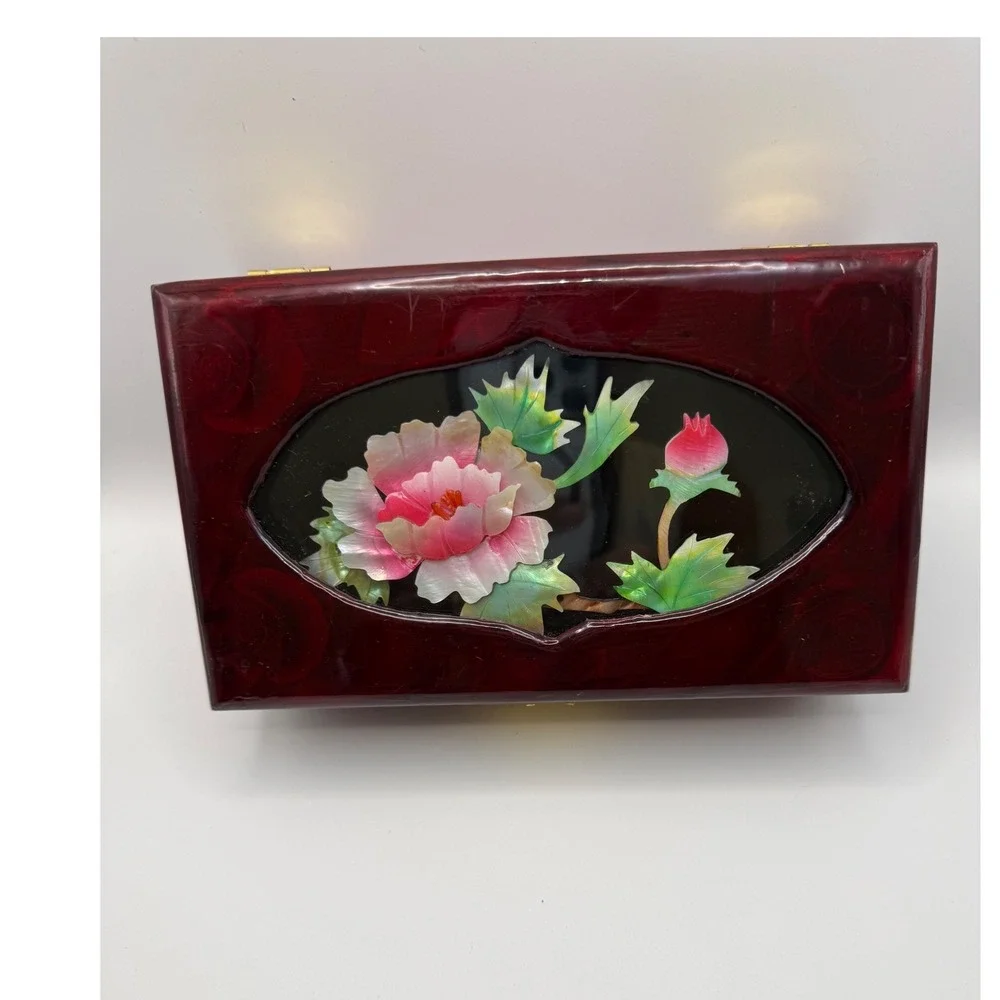 Vintage Chinese Lacquer Jewelry Box Floral Soapstone Inlay Burgundy Brass Latch